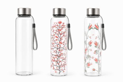 Floral Printed Borosilicate Glass Bottle